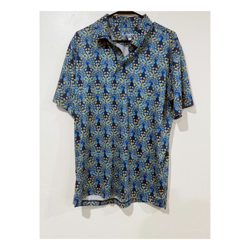 Chubbies Mens Peacock Print Performance Polo Shirt Blue Yellow Large